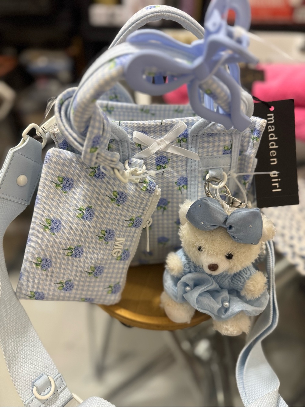 Madden Girl Light Blue Floral Crossbody with Teddy Charm